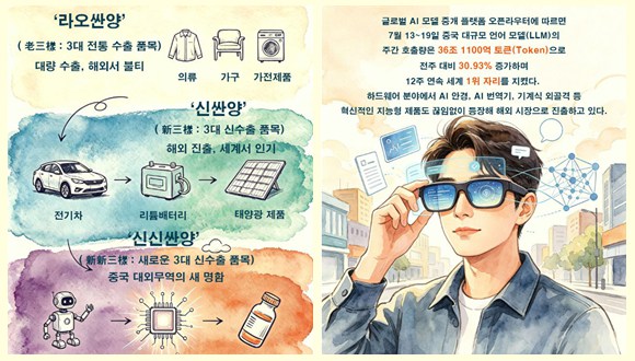 AI-로봇-혁신신약으로 엿보는 중국의 새로운 기회인공지능, 로봇, 혁신 신약으로 구성된 차세대 수출 품목 ‘신신싼양’(新新三樣)이 빠르게 등장하면서 중국의 대외무역은 제품을 수출하던 것에서 혁신을 수출하는 것으로 바뀌고 있다. 세계는 지금 중국의 새로운 기회를 목격하고 있다.  더보기>